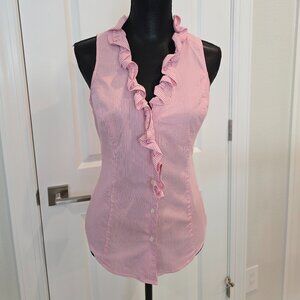 New York & Co sleeveless blouse, size S - Pink / White stripe - ruffled collar